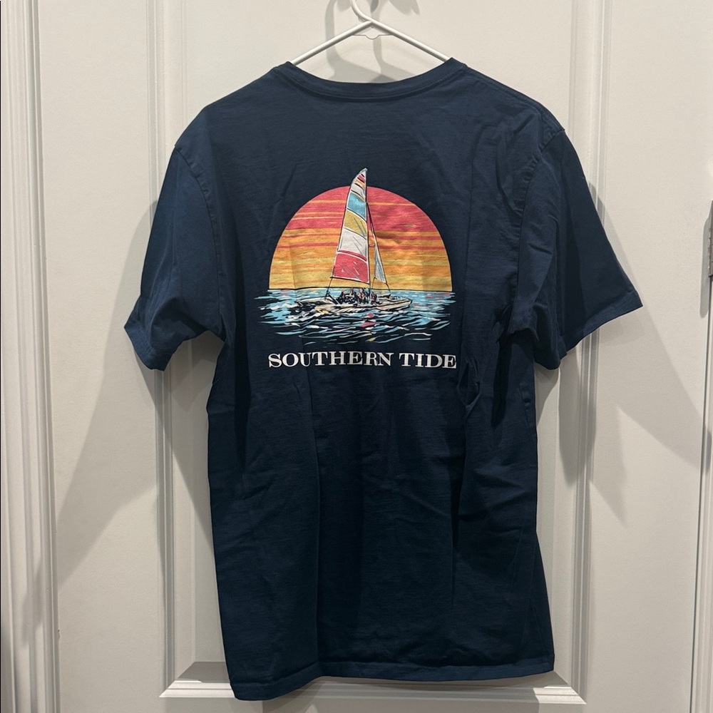 Southern Tide Navy Blue Tee with Sunset Sailboat Design